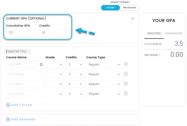 High School GPA Calculator - Step-2 - Add Previous GPA