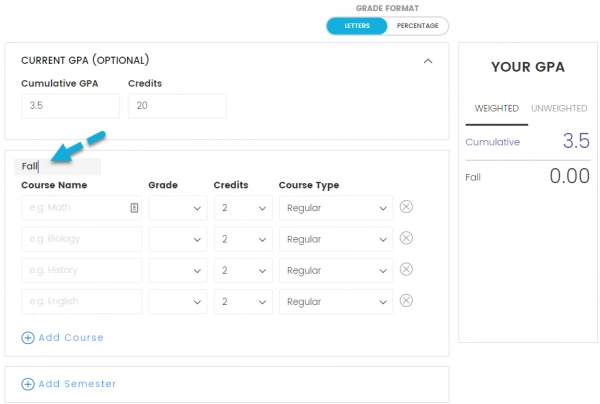 High School GPA Calculator - Step 3 - Enter Semester Name